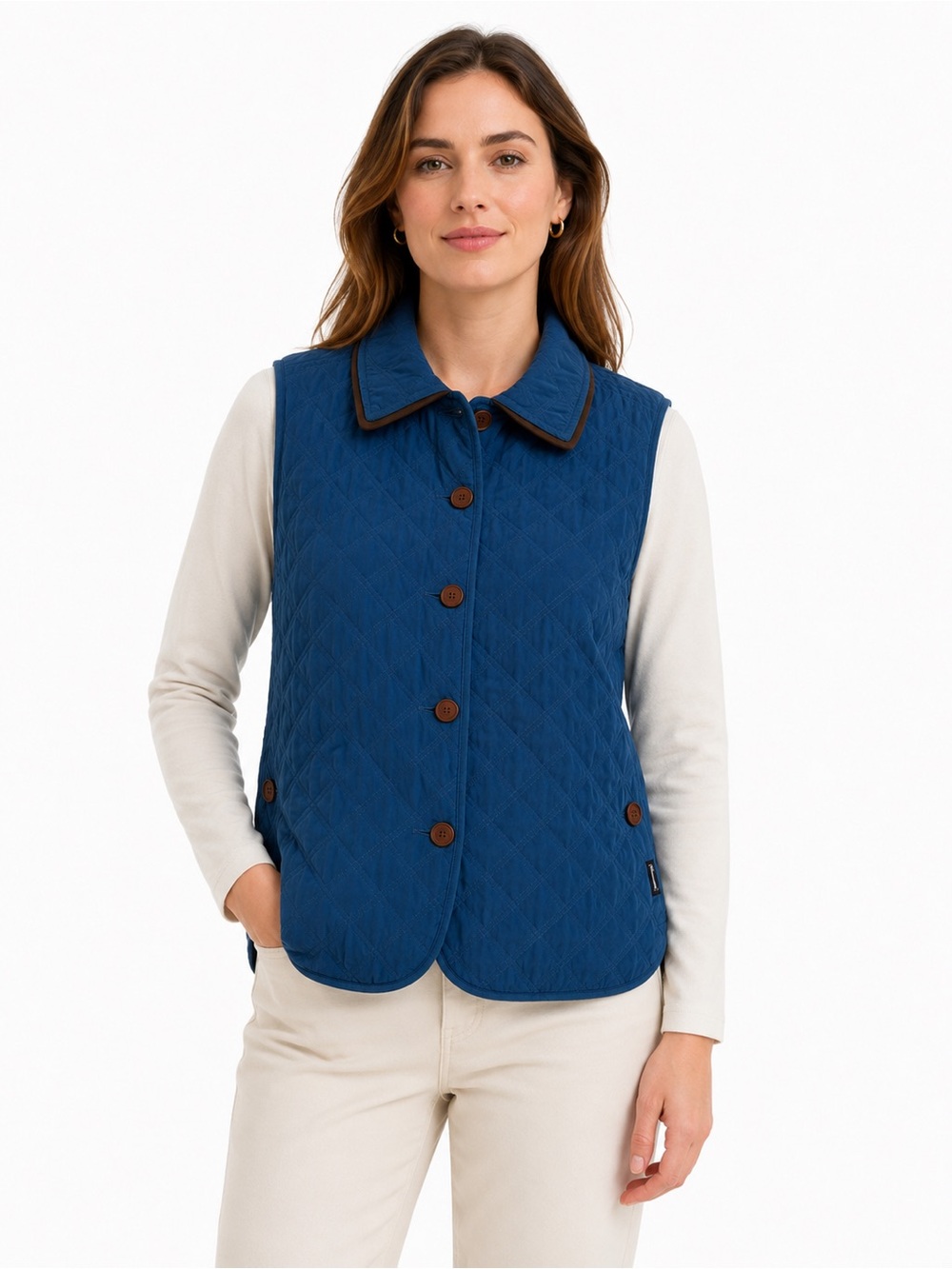 Faconnable Women’s M Blue Quilted Vest Belted Button Front Nylon Blend